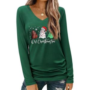 Zeagoo Womens T Shirts Long Sleeve V Neck Basic Tee Casual Loose Fit Soft Fall Tops Outfits 2026 S-XXL(Green Christmas)