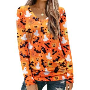 Zeagoo Womens T Shirts Long Sleeve V Neck Basic Tee Casual Loose Fit Soft Fall Tops Outfits 2026 S-XXL(Orange Skeleton)