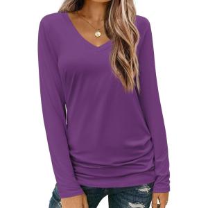 Zeagoo Womens T Shirts Long Sleeve V Neck Basic Tee Casual Loose Fit Soft Fall Tops Outfits 2026 S-XXL(Purple)