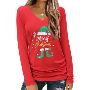 Zeagoo Womens T Shirts Long Sleeve V Neck Basic Tee Casual Loose Fit Soft Fall Tops Outfits 2026 S-XXL(Red Christmas)