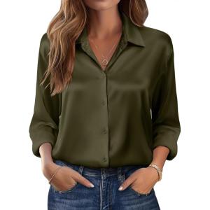 Zeagoo Womens Tops Long Sleeve Satin Silk Button Down Shirts Casual Business Dressy Blouses Fall Clothes(Army Green)