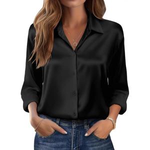 Zeagoo Womens Tops Long Sleeve Satin Silk Button Down Shirts Casual Business Dressy Blouses Fall Clothes(Black)