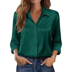 Zeagoo Womens Tops Long Sleeve Satin Silk Button Down Shirts Casual Business Dressy Blouses Fall Clothes(Dark Green)