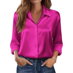 Zeagoo Womens Tops Long Sleeve Satin Silk Button Down Shirts Casual Business Dressy Blouses Fall Clothes(Hot Pink)