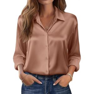 Zeagoo Womens Tops Long Sleeve Satin Silk Button Down Shirts Casual Business Dressy Blouses Fall Clothes(Light Coffee)