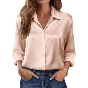 Zeagoo Womens Tops Long Sleeve Satin Silk Button Down Shirts Casual Business Dressy Blouses Fall Clothes(Light Khaki)
