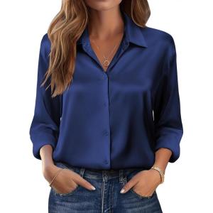 Zeagoo Womens Tops Long Sleeve Satin Silk Button Down Shirts Casual Business Dressy Blouses Fall Clothes(Navy Blue)