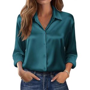 Zeagoo Womens Tops Long Sleeve Satin Silk Button Down Shirts Casual Business Dressy Blouses Fall Clothes(Peacock Blue)