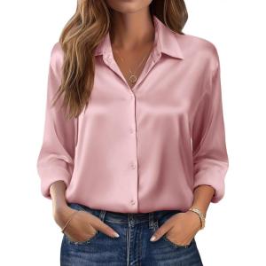 Zeagoo Womens Tops Long Sleeve Satin Silk Button Down Shirts Casual Business Dressy Blouses Fall Clothes(Pink)