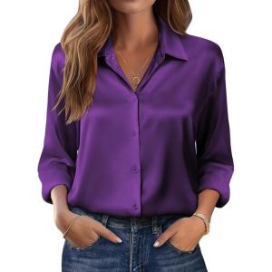 Zeagoo Womens Tops Long Sleeve Satin Silk Button Down Shirts Casual Business Dressy Blouses Fall Clothes(Purple)