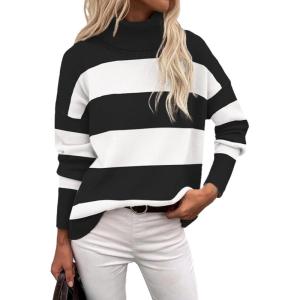 Zeagoo Women’s Turtleneck Sweater 2026 Fall Winter Chunky Knitted Pullover High Low Hem Trendy Basic Jumper Top(Black Stripe)