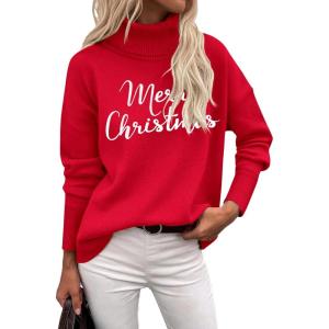 Zeagoo Women’s Turtleneck Sweater 2026 Fall Winter Chunky Knitted Pullover High Low Hem Trendy Basic Jumper Top(Christmas Letter)