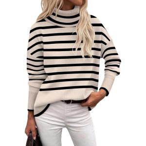 Zeagoo Women’s Turtleneck Sweater 2026 Fall Winter Chunky Knitted Pullover High Low Hem Trendy Basic Jumper Top(Striped Beige)