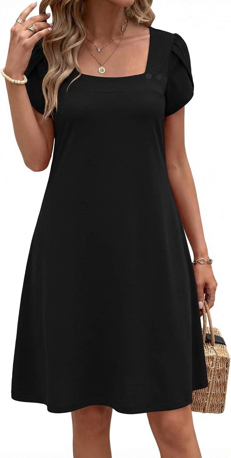 imageZEAGOO Summer Dresses for Women 2026 Sundress Short Petal Sleeve Dress with Pockets Floral Dresses for CasualBlack
