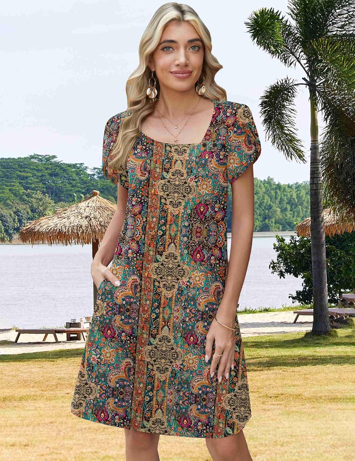 imageZEAGOO Summer Dresses for Women 2026 Sundress Short Petal Sleeve Dress with Pockets Floral Dresses for CasualFloralmz721
