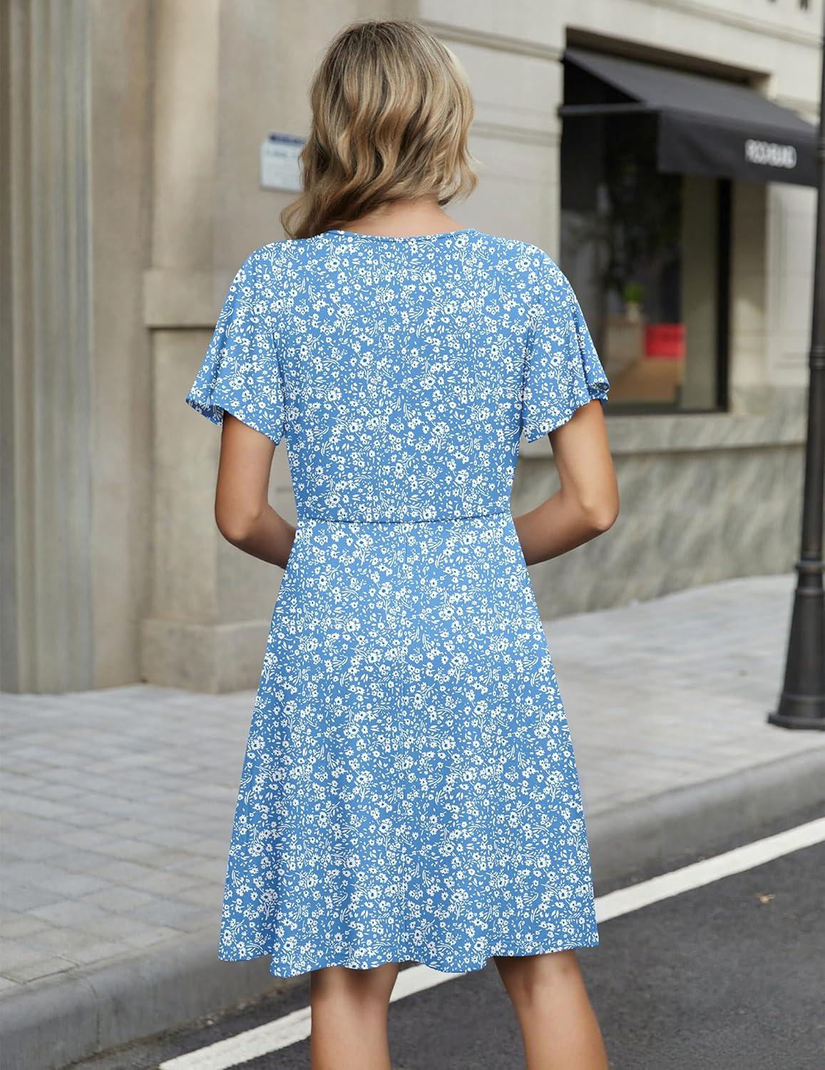 imageZEAGOO Womens Summer Sundress Ruffle Short Sleeve Casual Dresses V Neck Floral Wrap ALine Party Dress with Pockets01light Blue