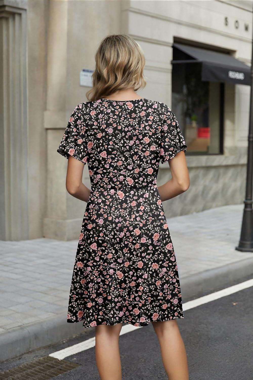 imageZEAGOO Womens Summer Sundress Ruffle Short Sleeve Casual Dresses V Neck Floral Wrap ALine Party Dress with PocketsBlack Floral