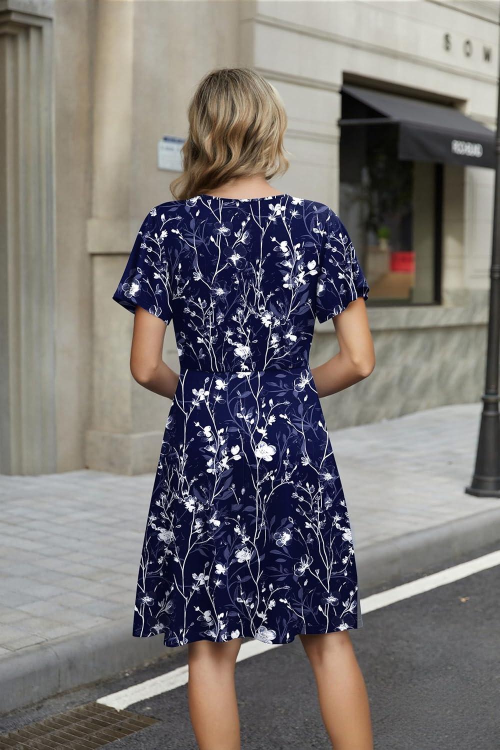 imageZEAGOO Womens Summer Sundress Ruffle Short Sleeve Casual Dresses V Neck Floral Wrap ALine Party Dress with PocketsBlue Floral 2