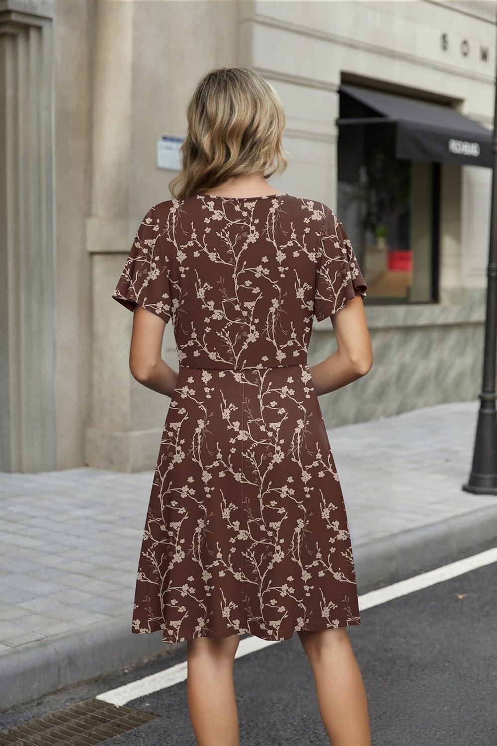 imageZEAGOO Womens Summer Sundress Ruffle Short Sleeve Casual Dresses V Neck Floral Wrap ALine Party Dress with PocketsBrown Floral