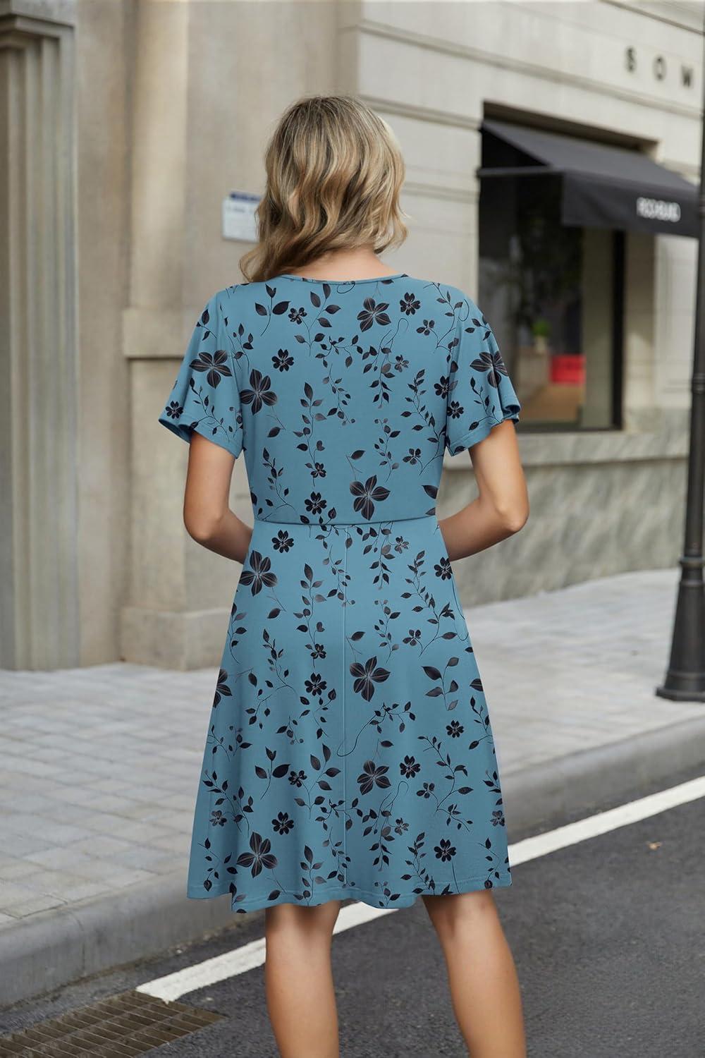 imageZEAGOO Womens Summer Sundress Ruffle Short Sleeve Casual Dresses V Neck Floral Wrap ALine Party Dress with PocketsGreen Floral