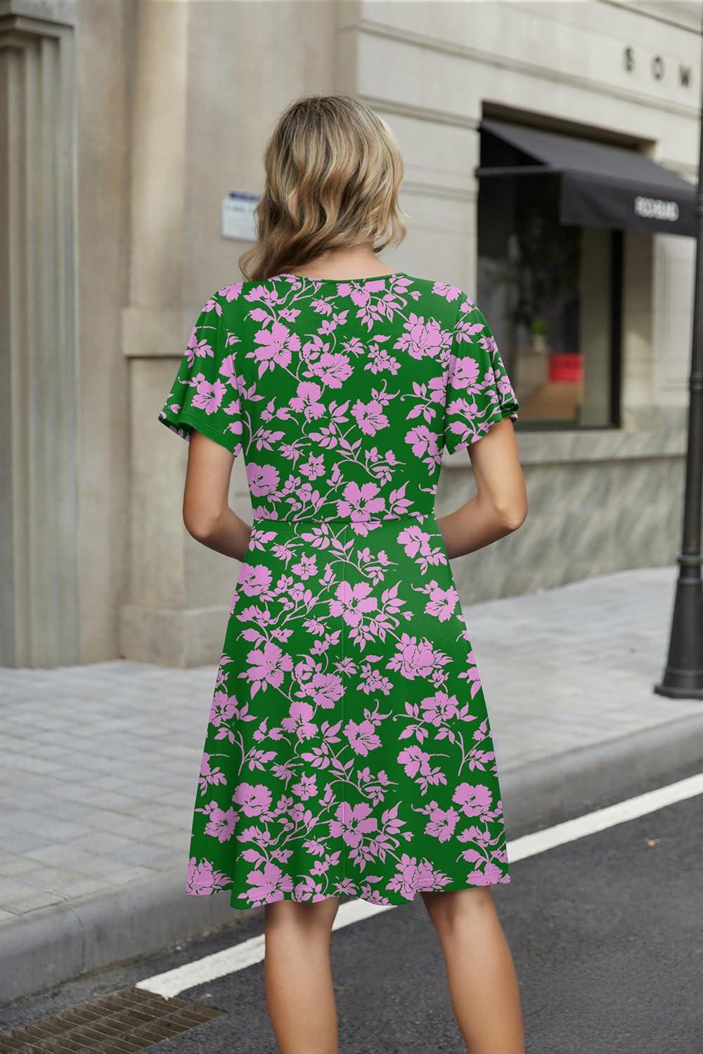 imageZEAGOO Womens Summer Sundress Ruffle Short Sleeve Casual Dresses V Neck Floral Wrap ALine Party Dress with PocketsGreenpink