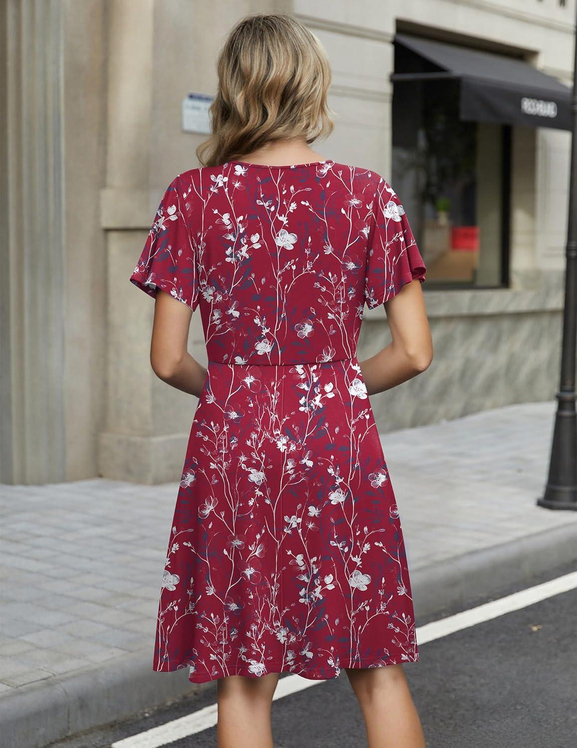 imageZEAGOO Womens Summer Sundress Ruffle Short Sleeve Casual Dresses V Neck Floral Wrap ALine Party Dress with PocketsRed Floral 2