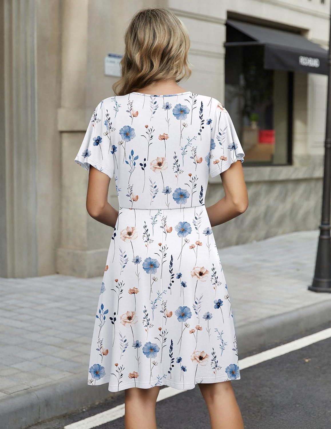 imageZEAGOO Womens Summer Sundress Ruffle Short Sleeve Casual Dresses V Neck Floral Wrap ALine Party Dress with PocketsWhite Floral