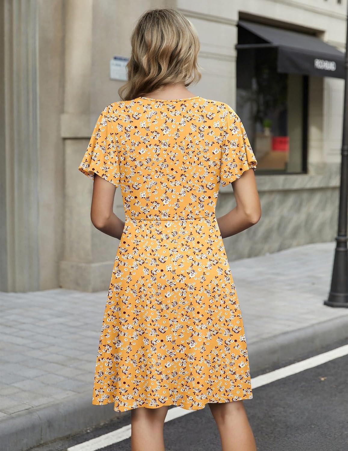 imageZEAGOO Womens Summer Sundress Ruffle Short Sleeve Casual Dresses V Neck Floral Wrap ALine Party Dress with PocketsYellow Floral 2