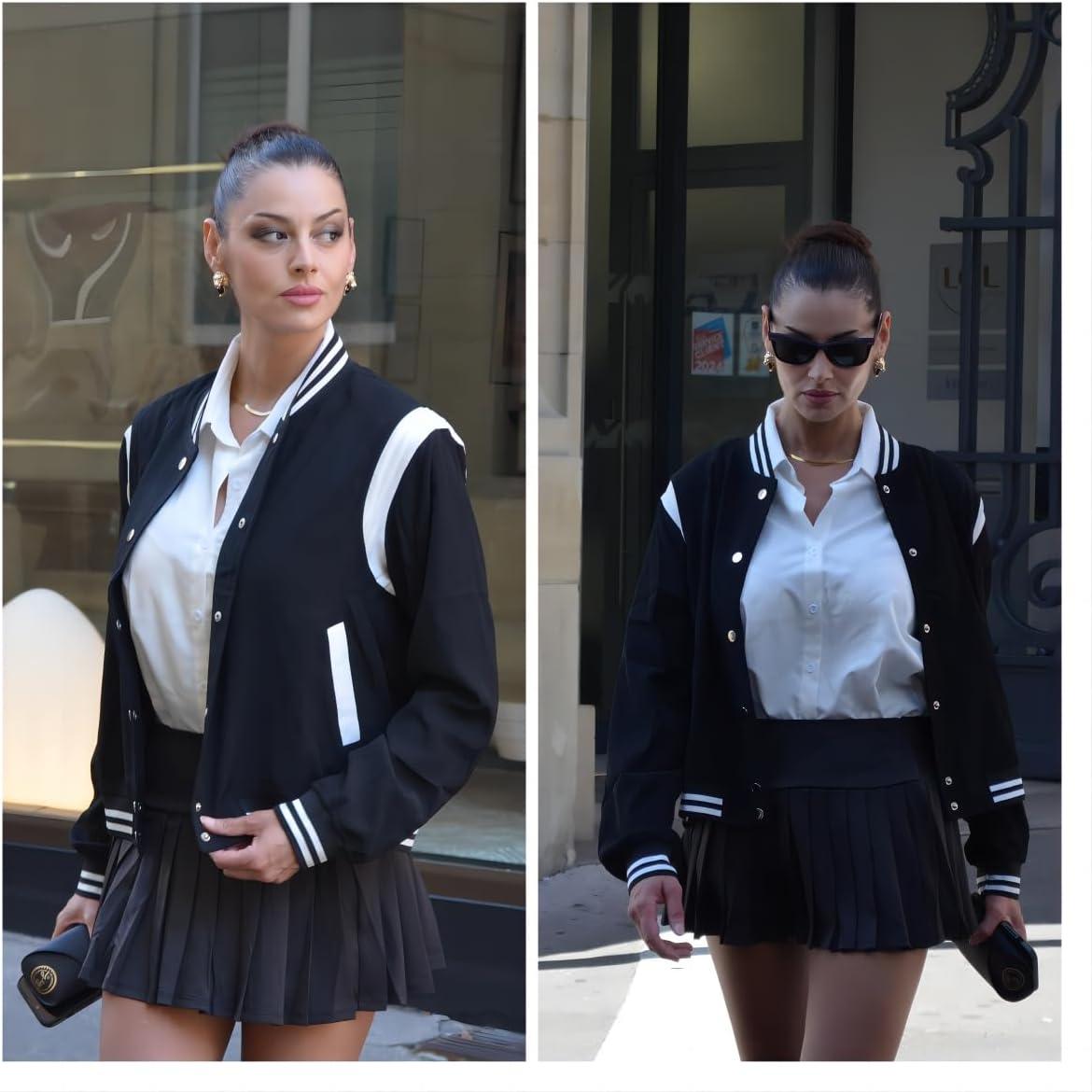 imageZeagoo Bomber Jacket Women Varsity Casual Button Down Lightweight 2026 Spring Fashion Short School Outfits with PocketsA01black