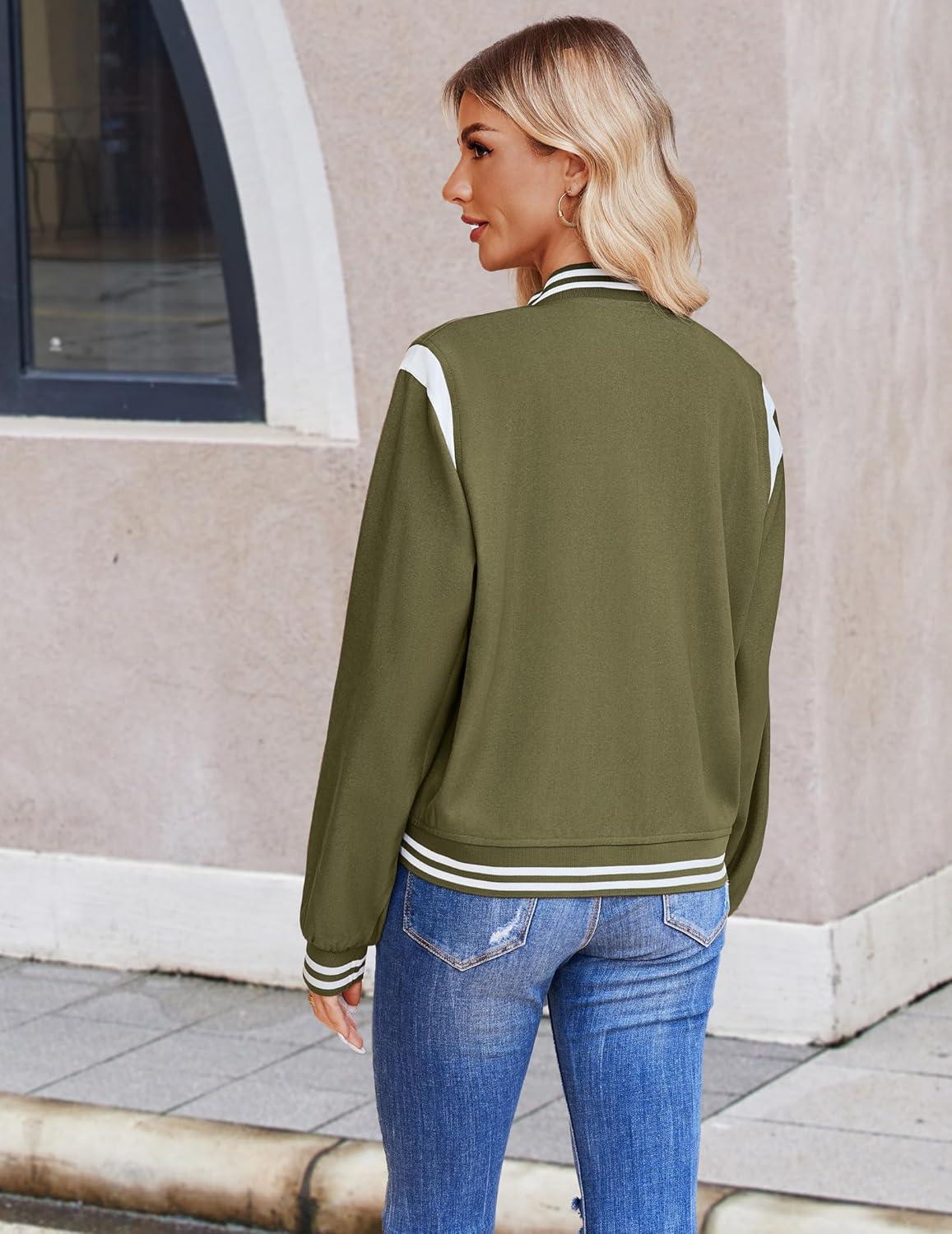 imageZeagoo Bomber Jacket Women Varsity Casual Button Down Lightweight 2026 Spring Fashion Short School Outfits with PocketsArmy Green