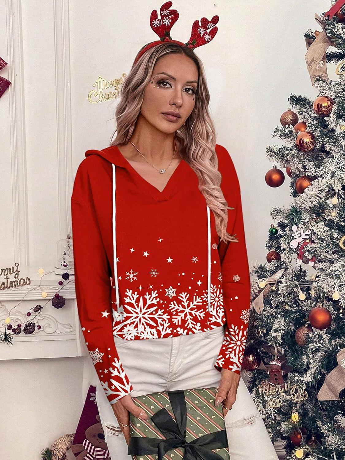 imageZeagoo Hoodies for Women Long Sleeve Drawstring V Neck Pullover Sweatshirts Shirts Loose Casual Fall Tops02christmas Red