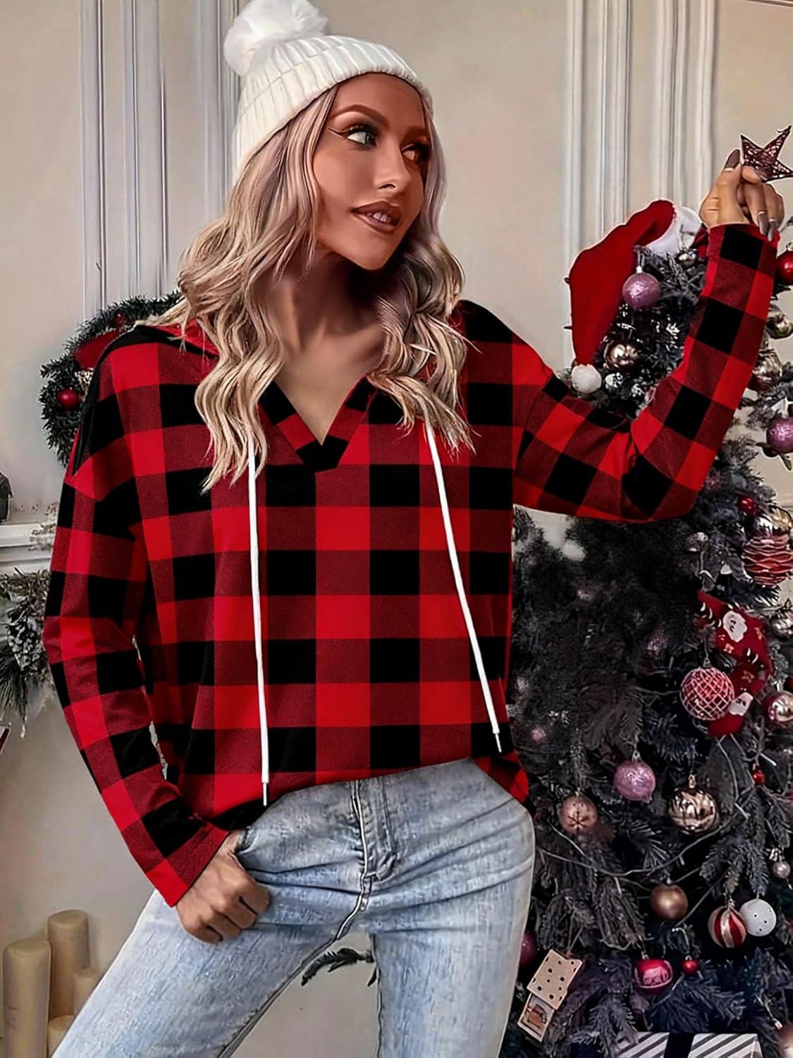 imageZeagoo Hoodies for Women Long Sleeve Drawstring V Neck Pullover Sweatshirts Shirts Loose Casual Fall Tops05red Plaid