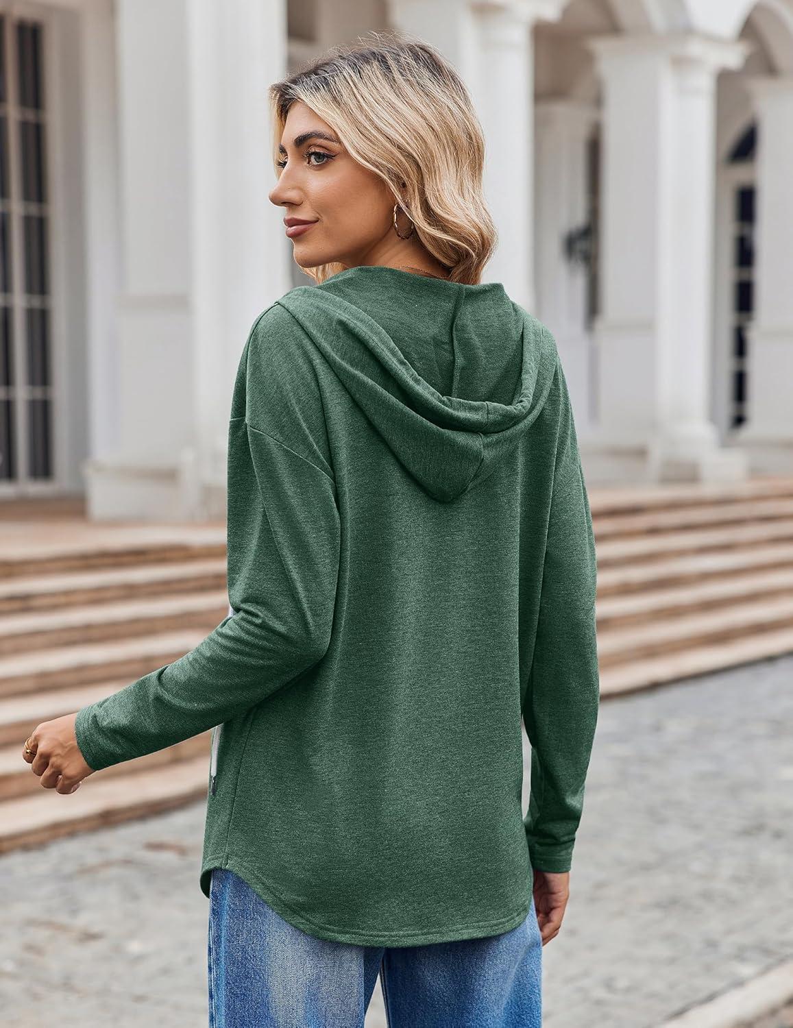 imageZeagoo Hoodies for Women Long Sleeve Drawstring V Neck Pullover Sweatshirts Shirts Loose Casual Fall TopsGreen