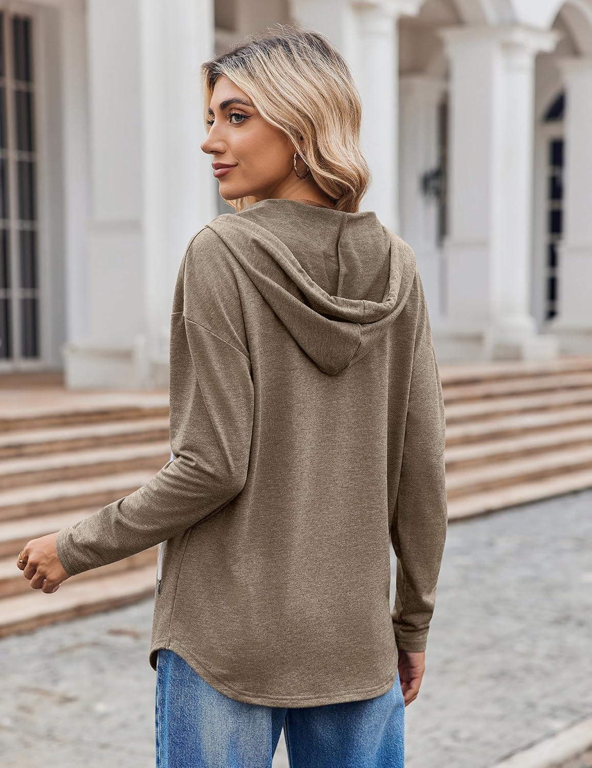 imageZeagoo Hoodies for Women Long Sleeve Drawstring V Neck Pullover Sweatshirts Shirts Loose Casual Fall TopsKhaki