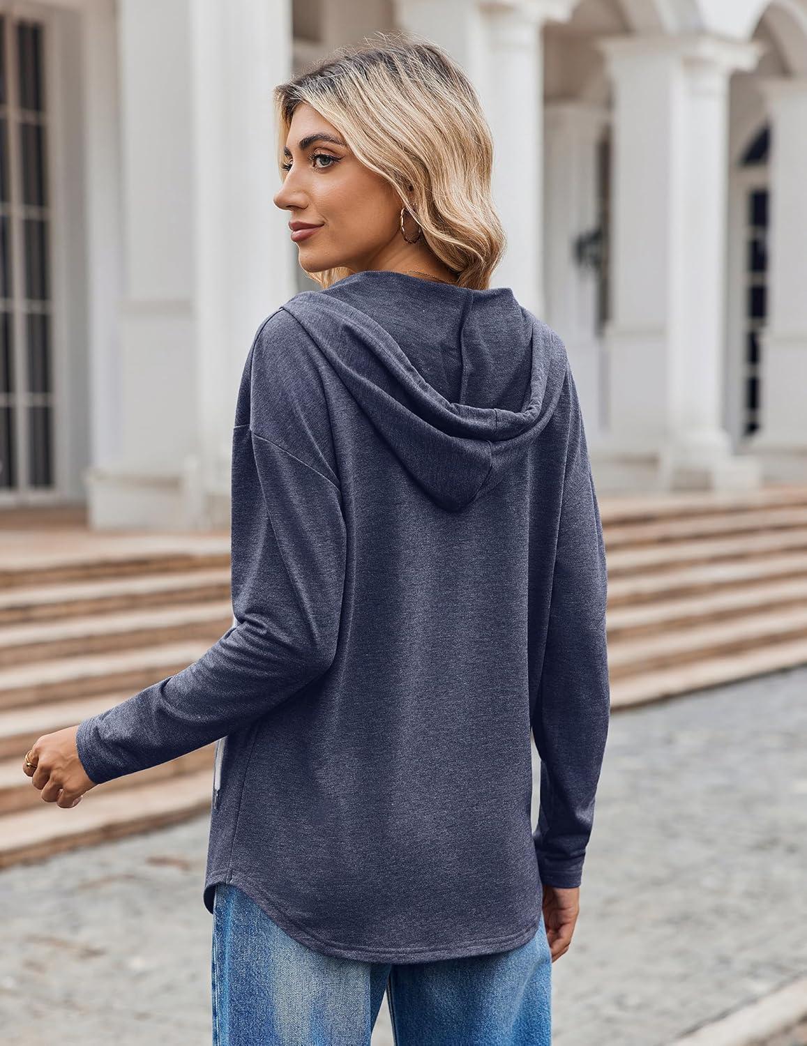 imageZeagoo Hoodies for Women Long Sleeve Drawstring V Neck Pullover Sweatshirts Shirts Loose Casual Fall TopsNavy Blue