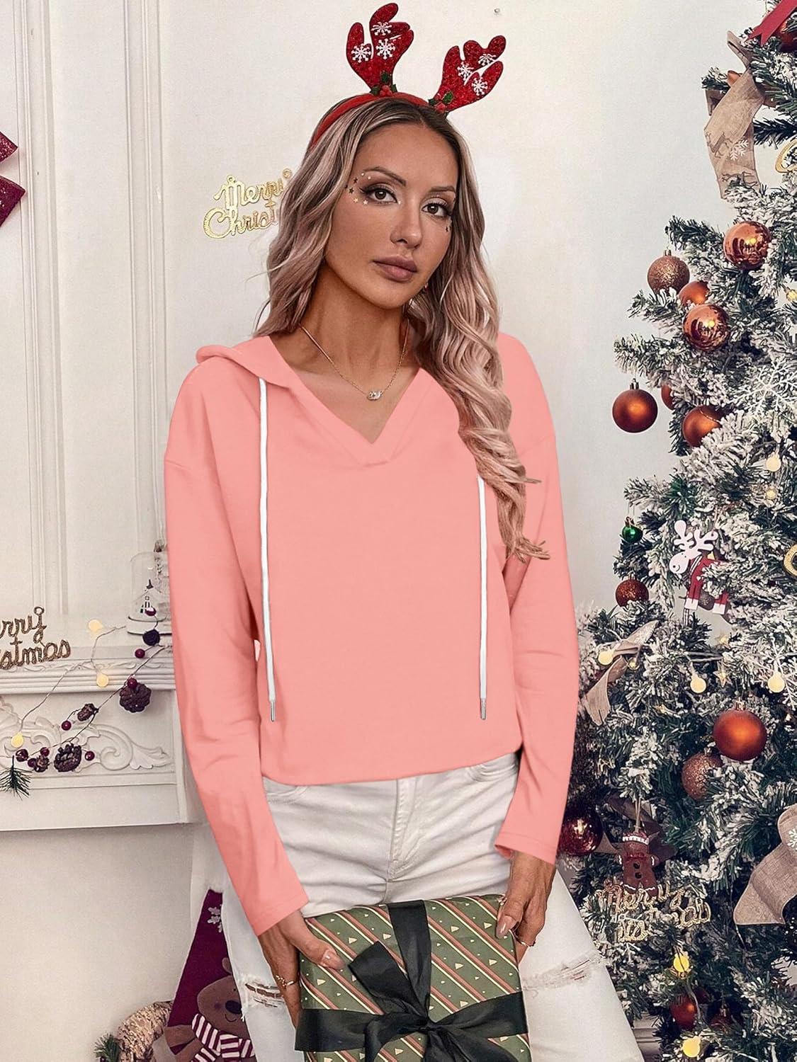 imageZeagoo Hoodies for Women Long Sleeve Drawstring V Neck Pullover Sweatshirts Shirts Loose Casual Fall TopsPink