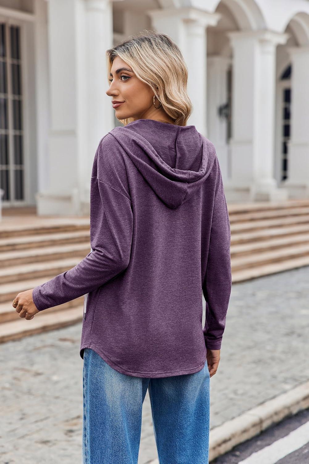 imageZeagoo Hoodies for Women Long Sleeve Drawstring V Neck Pullover Sweatshirts Shirts Loose Casual Fall TopsPurple