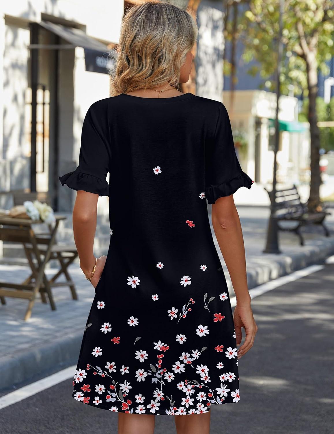 imageZeagoo Summer Casual Dresses for Women A Line Sun Dress Ruffle Short Sleeve V Neck Floral Tshirt Dress with PocketsBlack Floralprinted