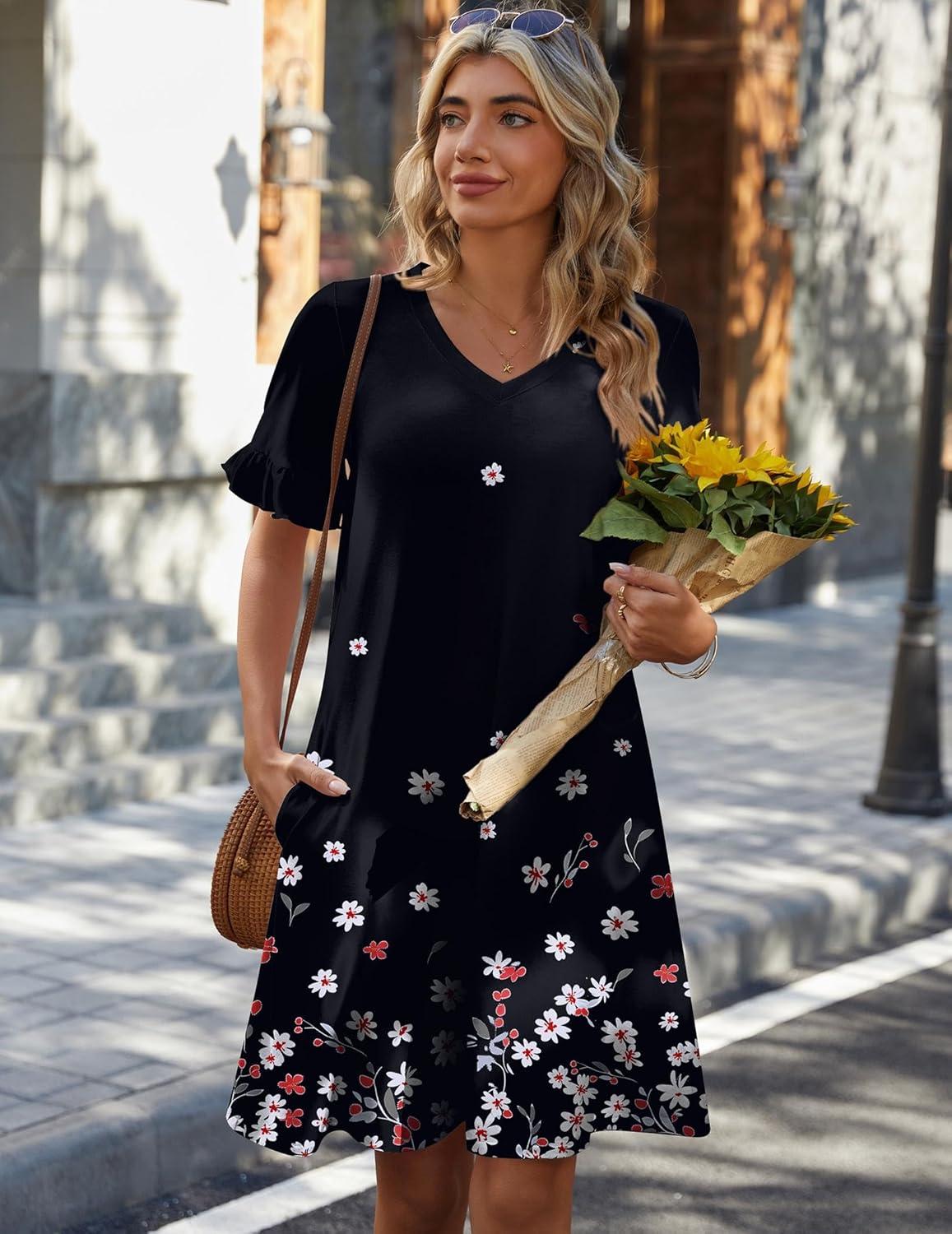 imageZeagoo Summer Casual Dresses for Women A Line Sun Dress Ruffle Short Sleeve V Neck Floral Tshirt Dress with PocketsBlack Floralprinted