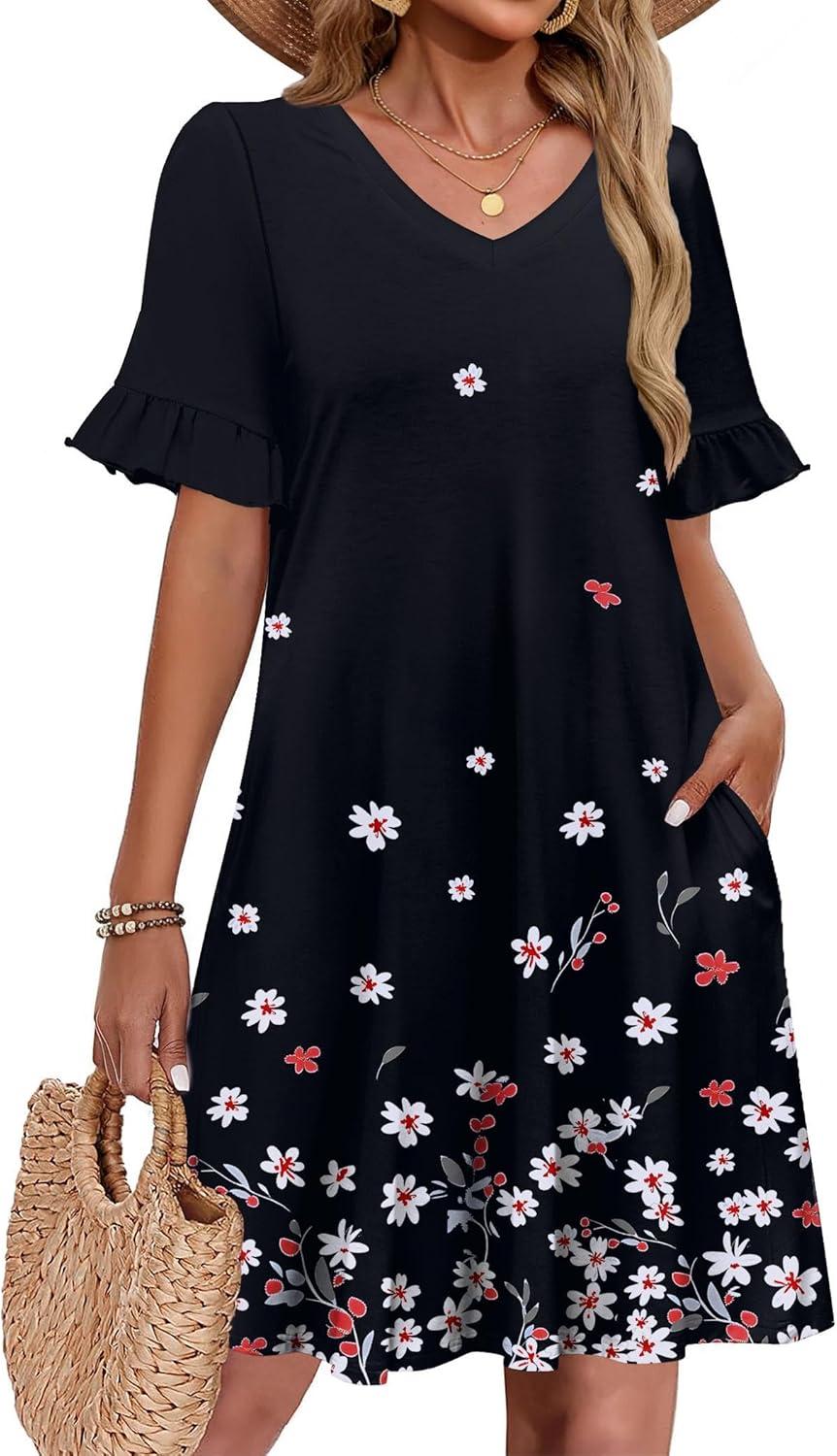 imageZeagoo Summer Casual Dresses for Women A Line Sun Dress Ruffle Short Sleeve V Neck Floral Tshirt Dress with PocketsBlack Floralprinted