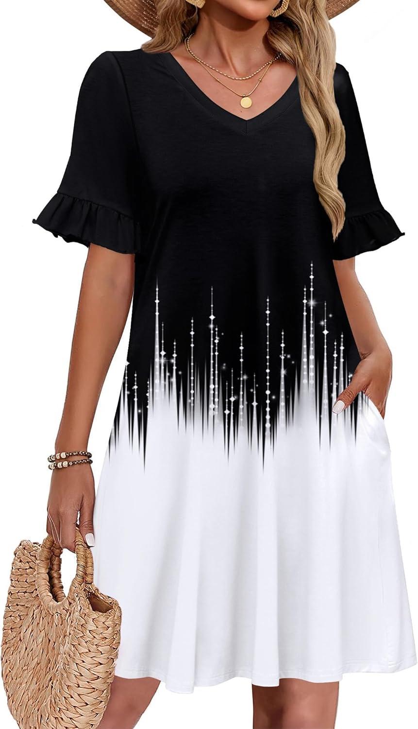 imageZeagoo Summer Casual Dresses for Women A Line Sun Dress Ruffle Short Sleeve V Neck Floral Tshirt Dress with PocketsBlack White Printed