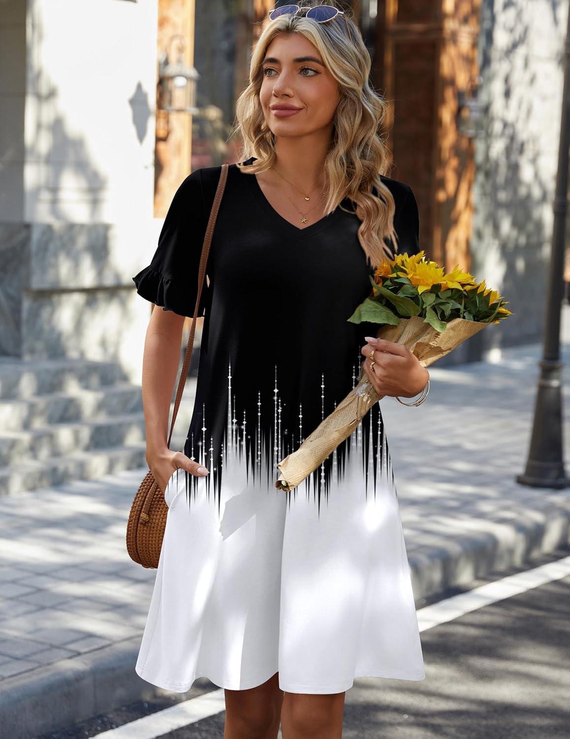 imageZeagoo Summer Casual Dresses for Women A Line Sun Dress Ruffle Short Sleeve V Neck Floral Tshirt Dress with PocketsBlack White Printed