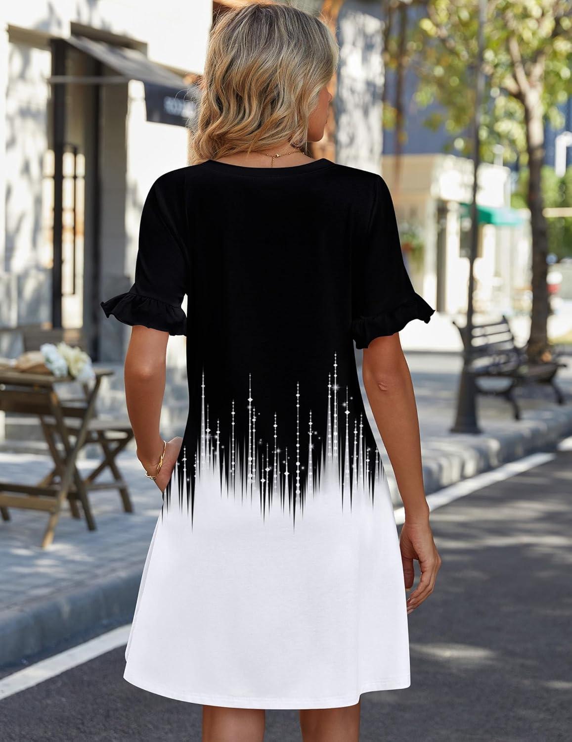 imageZeagoo Summer Casual Dresses for Women A Line Sun Dress Ruffle Short Sleeve V Neck Floral Tshirt Dress with PocketsBlack White Printed