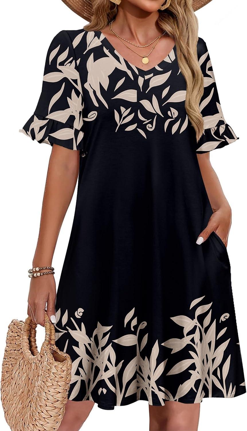 imageZeagoo Summer Casual Dresses for Women A Line Sun Dress Ruffle Short Sleeve V Neck Floral Tshirt Dress with PocketsBlackprinted