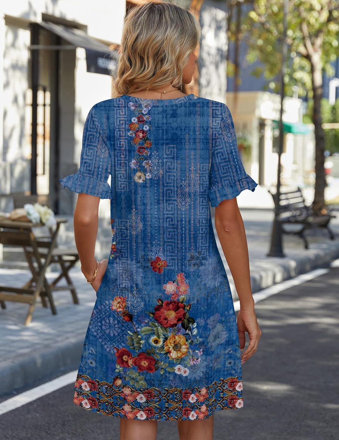 imageZeagoo Summer Casual Dresses for Women A Line Sun Dress Ruffle Short Sleeve V Neck Floral Tshirt Dress with PocketsBlue Floralprinted