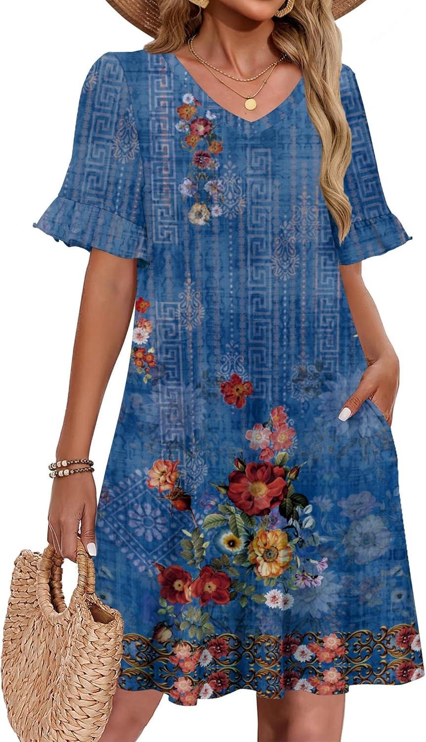 imageZeagoo Summer Casual Dresses for Women A Line Sun Dress Ruffle Short Sleeve V Neck Floral Tshirt Dress with PocketsBlue Floralprinted