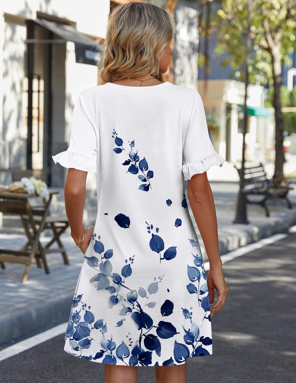 imageZeagoo Summer Casual Dresses for Women A Line Sun Dress Ruffle Short Sleeve V Neck Floral Tshirt Dress with PocketsBlue Whiteprint