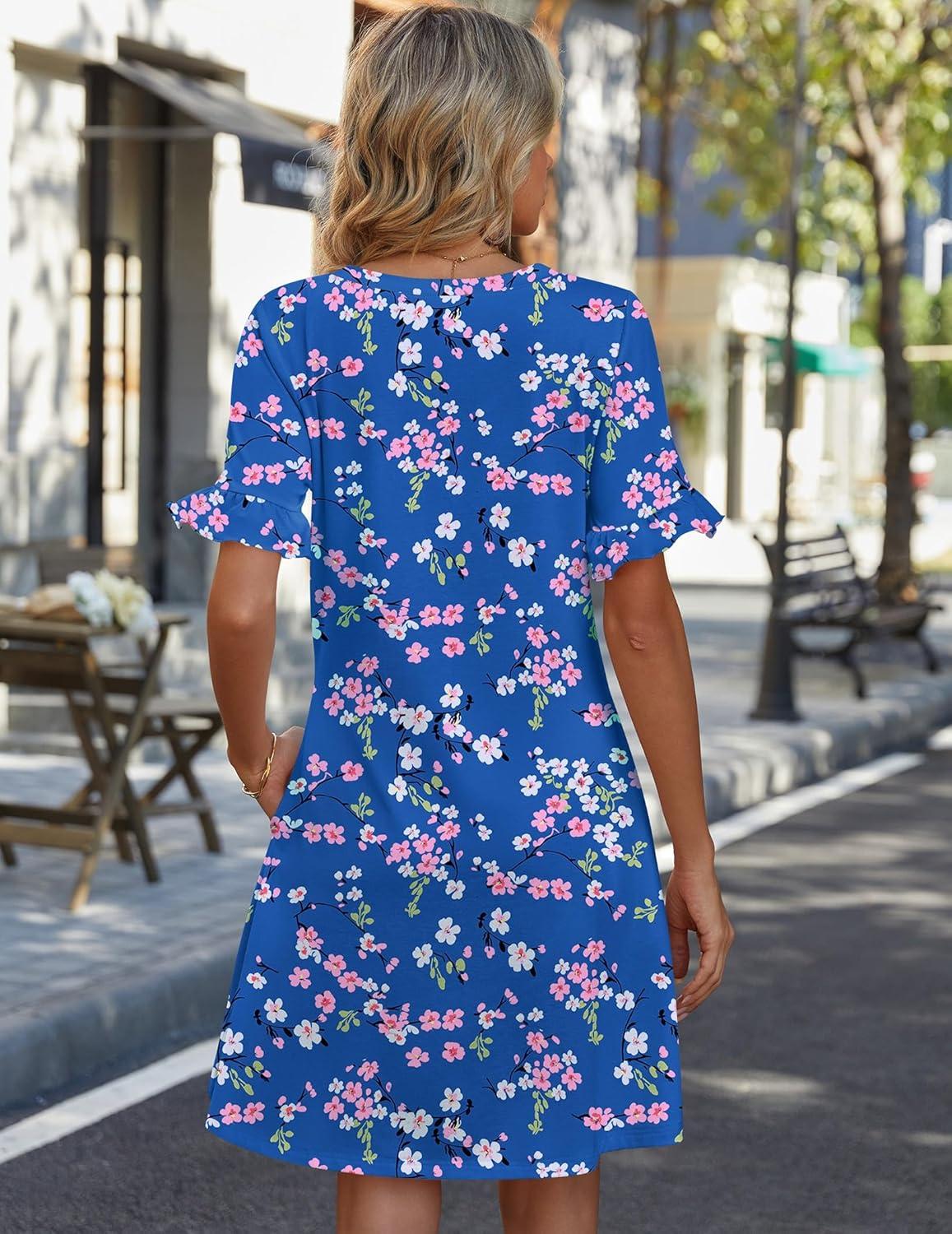 imageZeagoo Summer Casual Dresses for Women A Line Sun Dress Ruffle Short Sleeve V Neck Floral Tshirt Dress with PocketsFloral Print