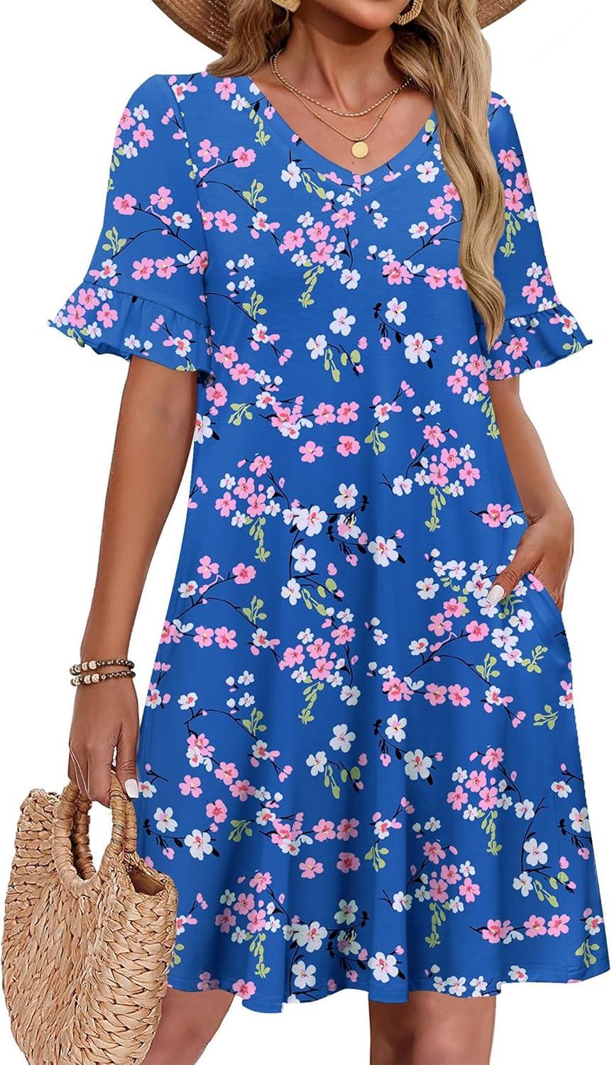 imageZeagoo Summer Casual Dresses for Women A Line Sun Dress Ruffle Short Sleeve V Neck Floral Tshirt Dress with PocketsFloral Print