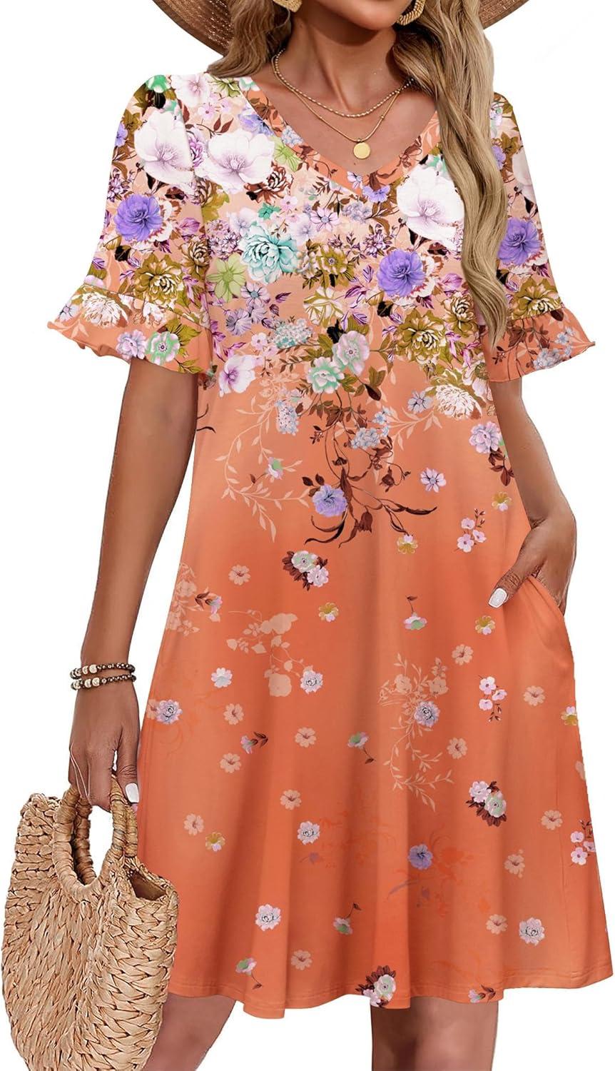 imageZeagoo Summer Casual Dresses for Women A Line Sun Dress Ruffle Short Sleeve V Neck Floral Tshirt Dress with PocketsFloral Printed1